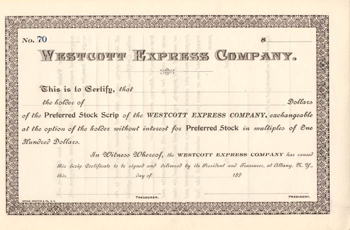 Westcott Express Co. - Unissued Stock Certificate